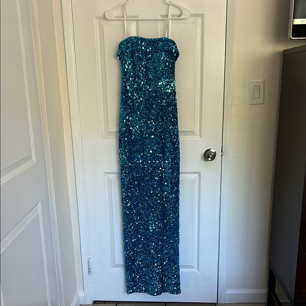 Blue Sequin Strapless Gown